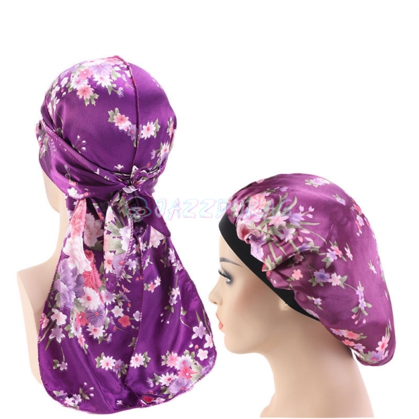 Silky Floral Durag and Bonnet Set Purple