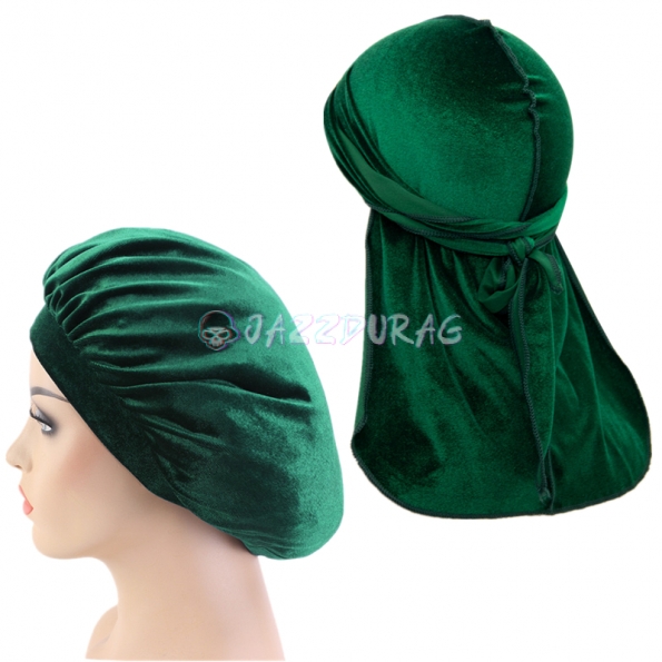 Velvet Durag and Bonnet Set Dark Green
