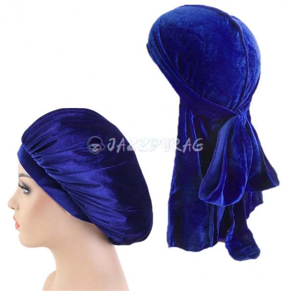 Velvet Durag and Bonnet Set Royal Blue