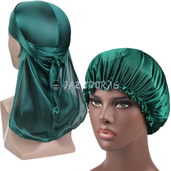 Dark Green Silk Durag and Bonnet Set