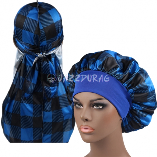 Tartan Silk Durag and Bonnet Set Blue