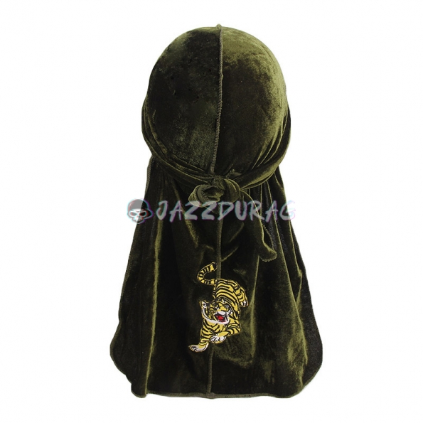 Velvet Durag Tiger Embroidery Army Green