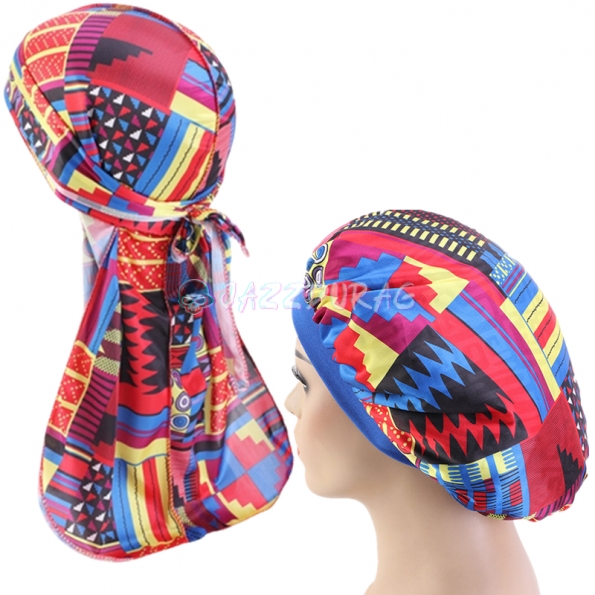 Geometric Silky Durag and Bonnet Set Blue Red