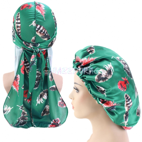 Feather Silky Durag and Bonnet Set Green