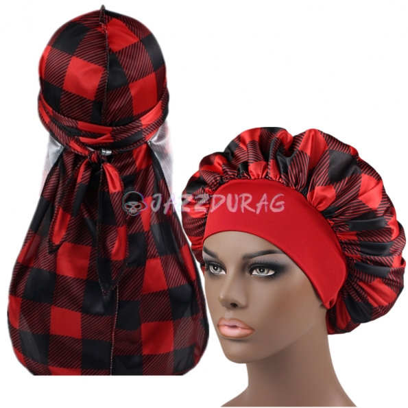 Tartan Silk Durag and Bonnet Set Red