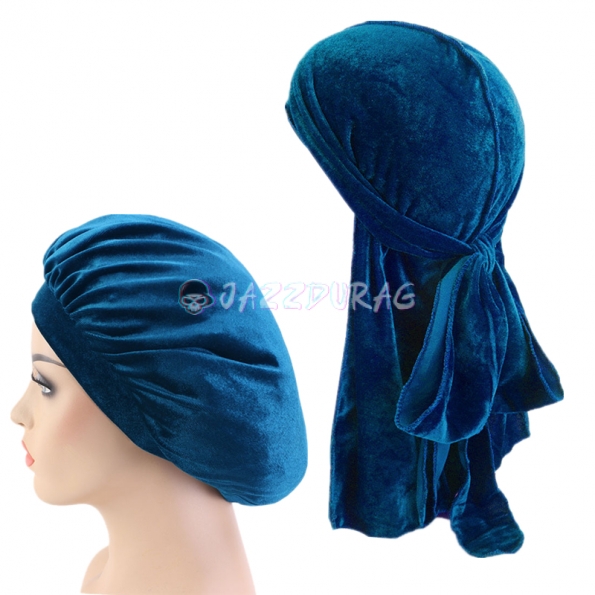 Velvet Durag and Bonnet Set Turquoise