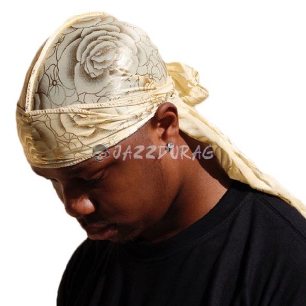 Silk Durag Rose Print Beige Gold