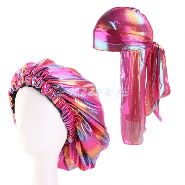 Shiny Durag & Big Two Sided Bonnet Set Rose Pink