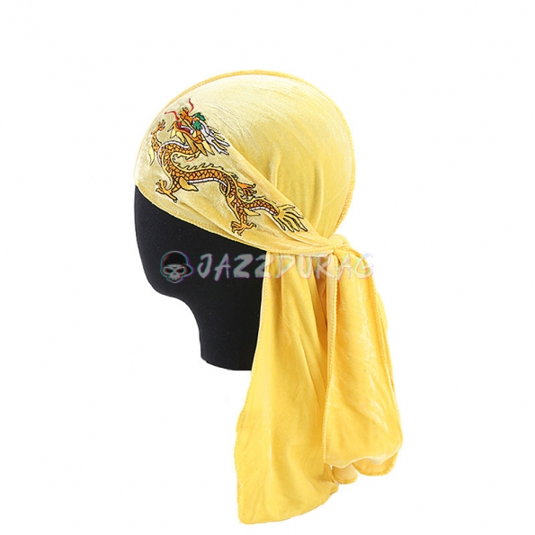 Yellow Velvet Durag Dragon Embroidery