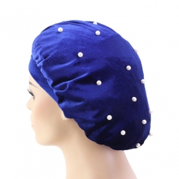 Bonnet en Velours Perles De Couleur Unie Bleu
