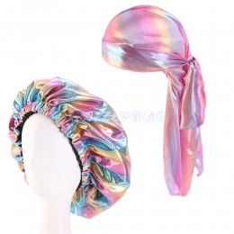 Shiny Durag & Big Two Sided Bonnet Set Pink