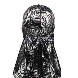 Silk Durag Rose Print Black Silver