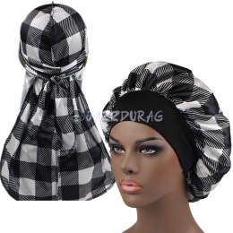 Tartan Silk Durag and Bonnet Set Black White