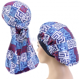 Geometric Silky Durag and Bonnet Set Blue