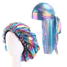 Shiny Durag & Big Two Sided Bonnet Set Blue