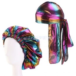 Shiny Durag & Big Two Sided Bonnet Set Black