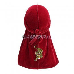 Velvet Durag Tiger Embroidery Wine Red
